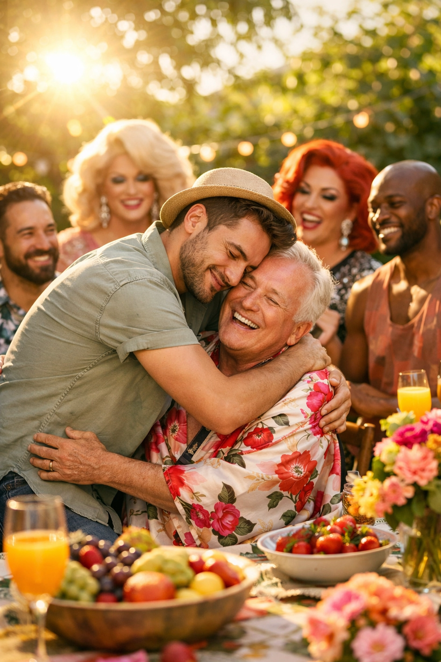 A young man hugging his chosen family mentor during a festive outdoor Mother's Day brunch.