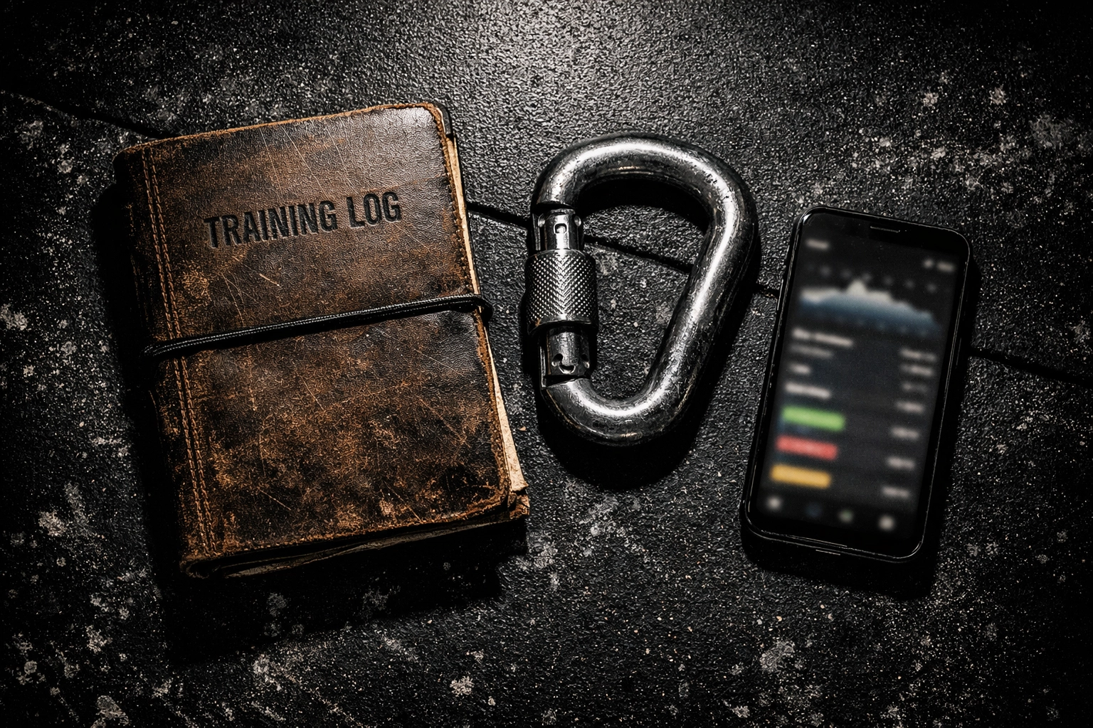Training log and equipment for tracking a structured full body workout at home.