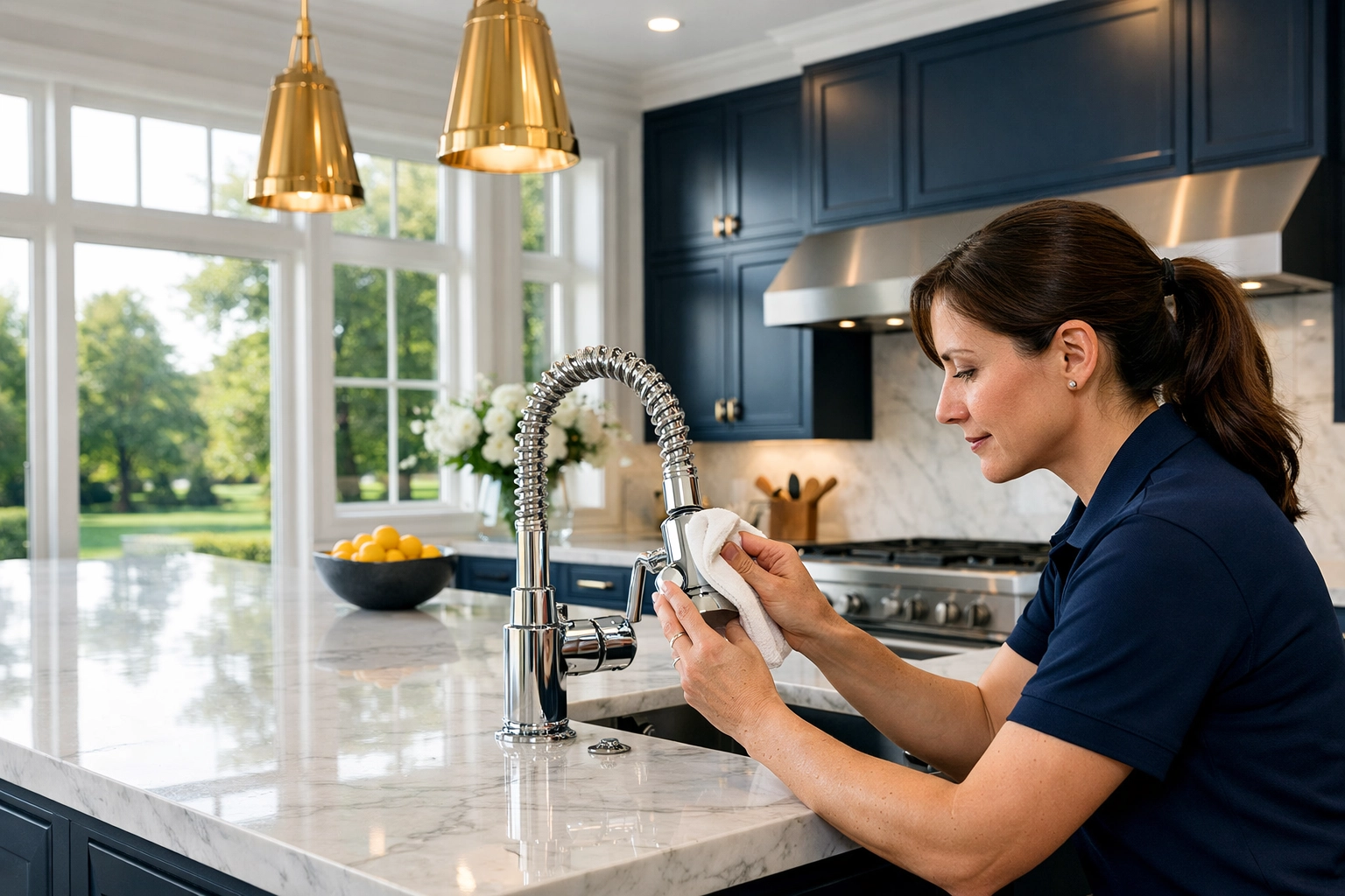 Professional residential cleaning Massachusetts expert detailing a luxury kitchen with marble countertops in Dover.