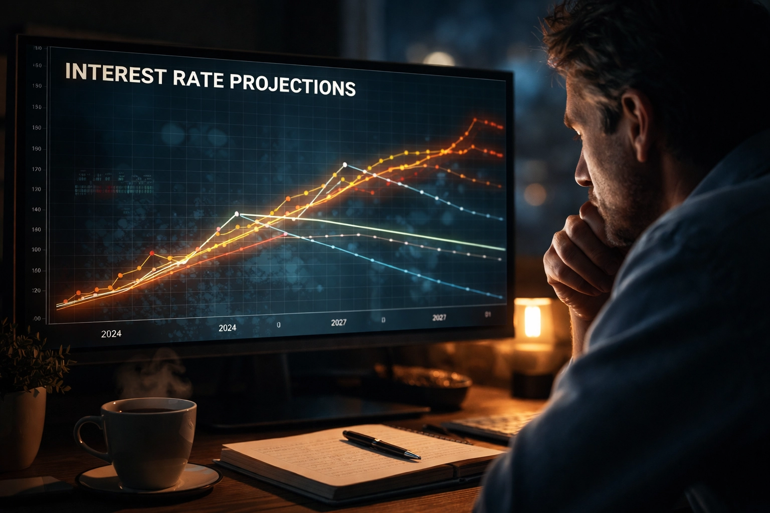 Stressed real estate investor calculating property holding costs and interest rates