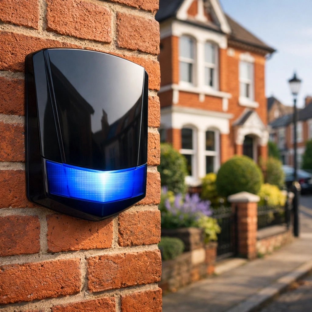 Modern external intruder alarm bell box installed on a traditional red-brick Worcester home for added security.