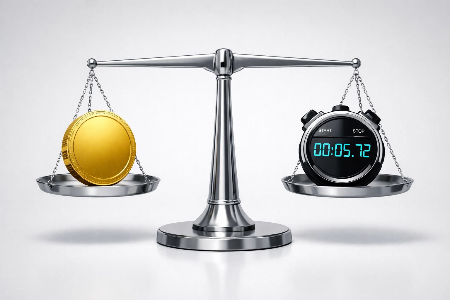 A balance scale with a gold coin and stopwatch illustrating the velocity of business capital.