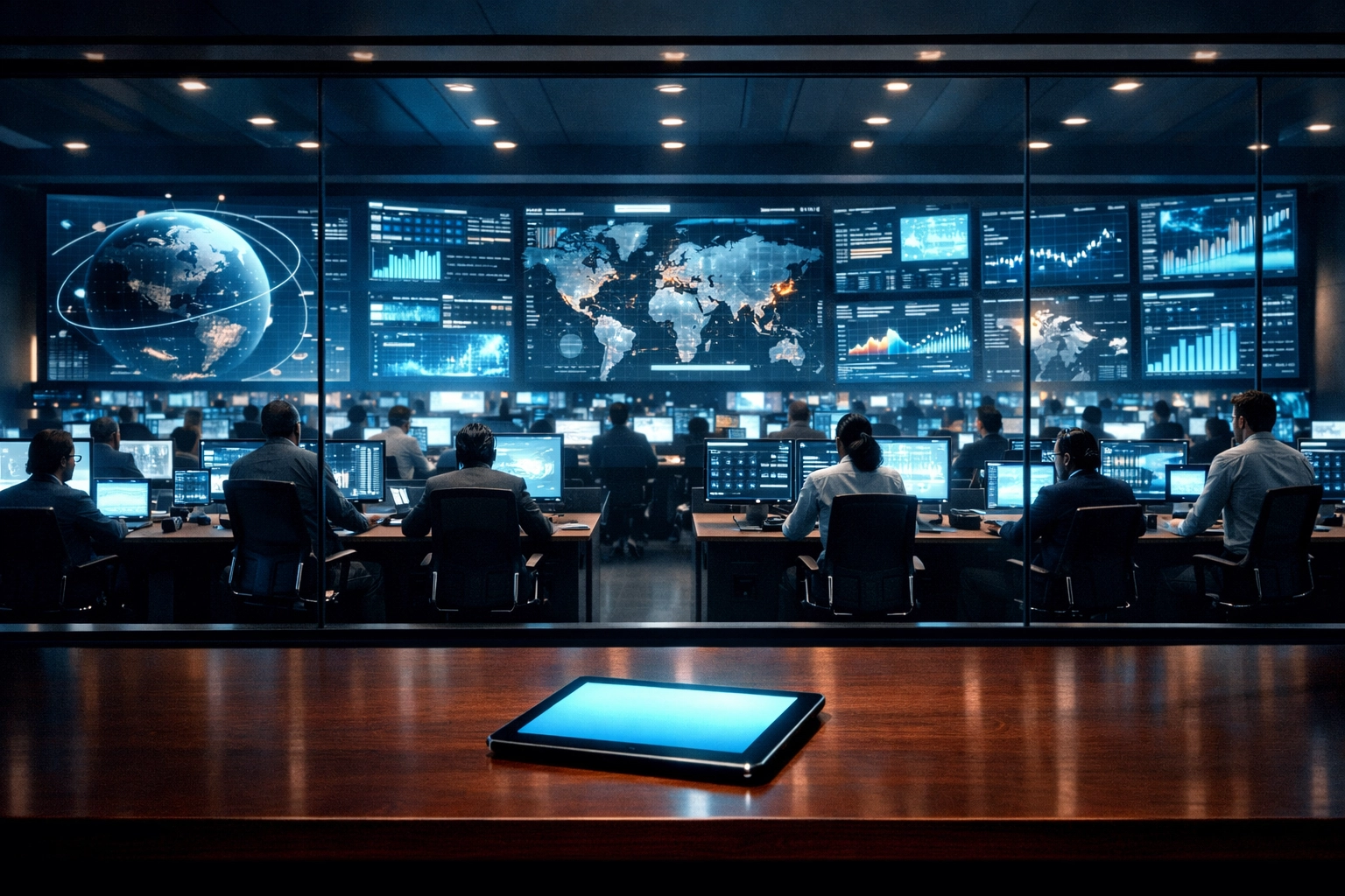 Professional engineers in a command center managing IT infrastructure for business growth.