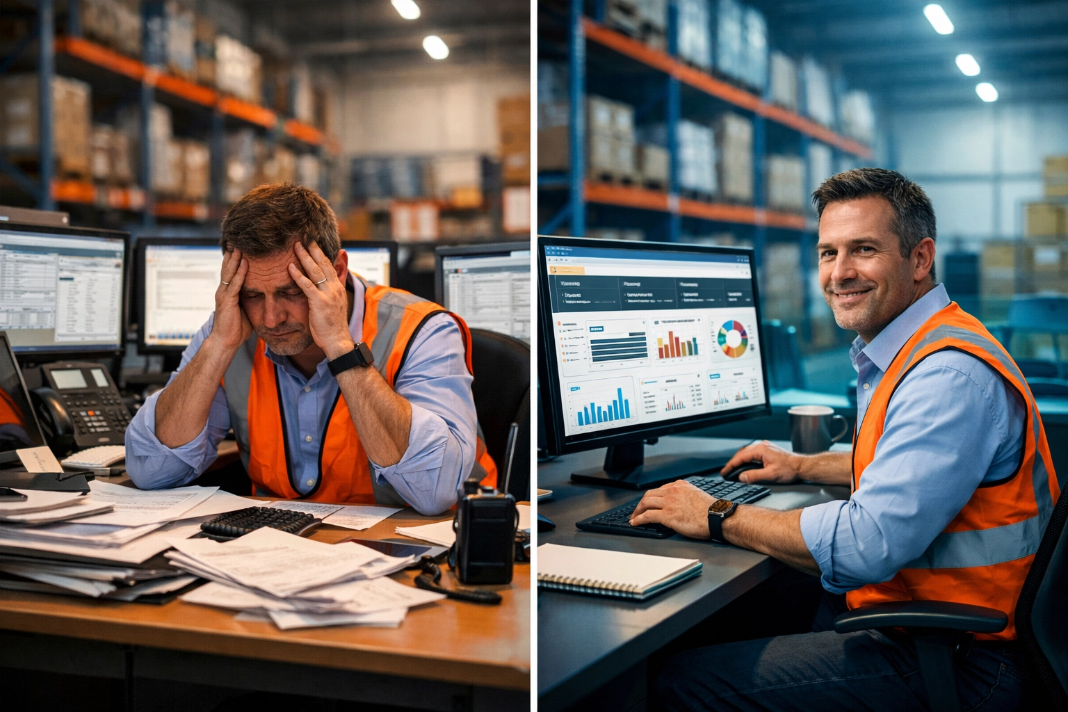 Warehouse manager comparing multi-vendor chaos versus streamlined 3PL Miami operations