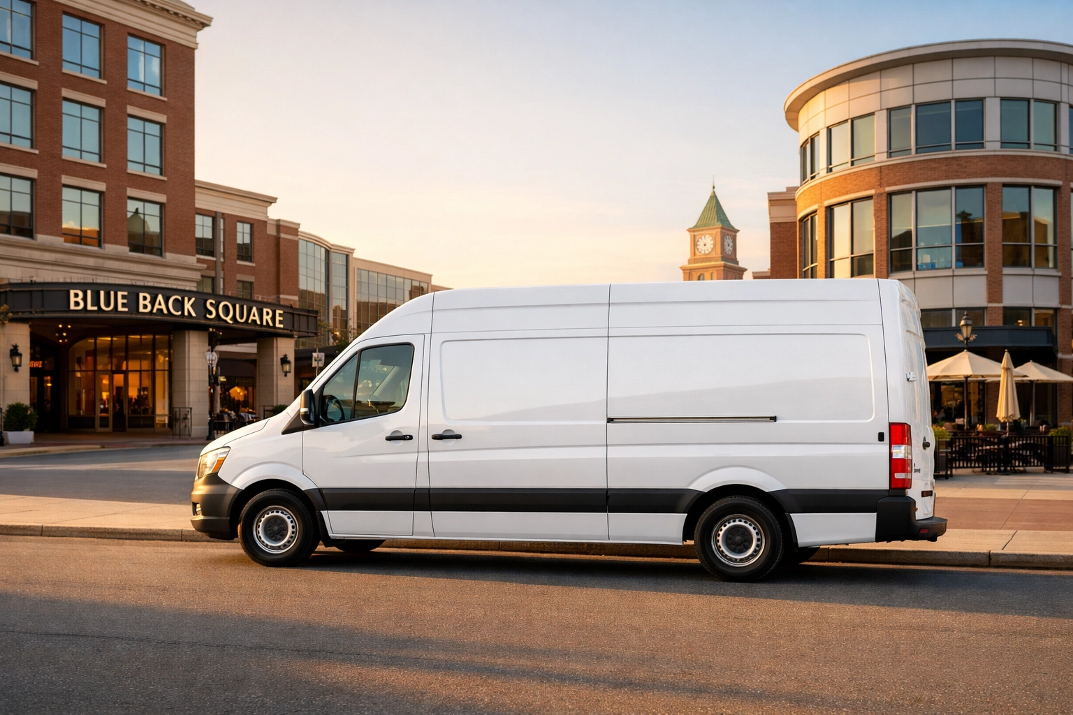 Commercial delivery van parked near Blue Back Square in West Hartford for local business insurance coverage.
