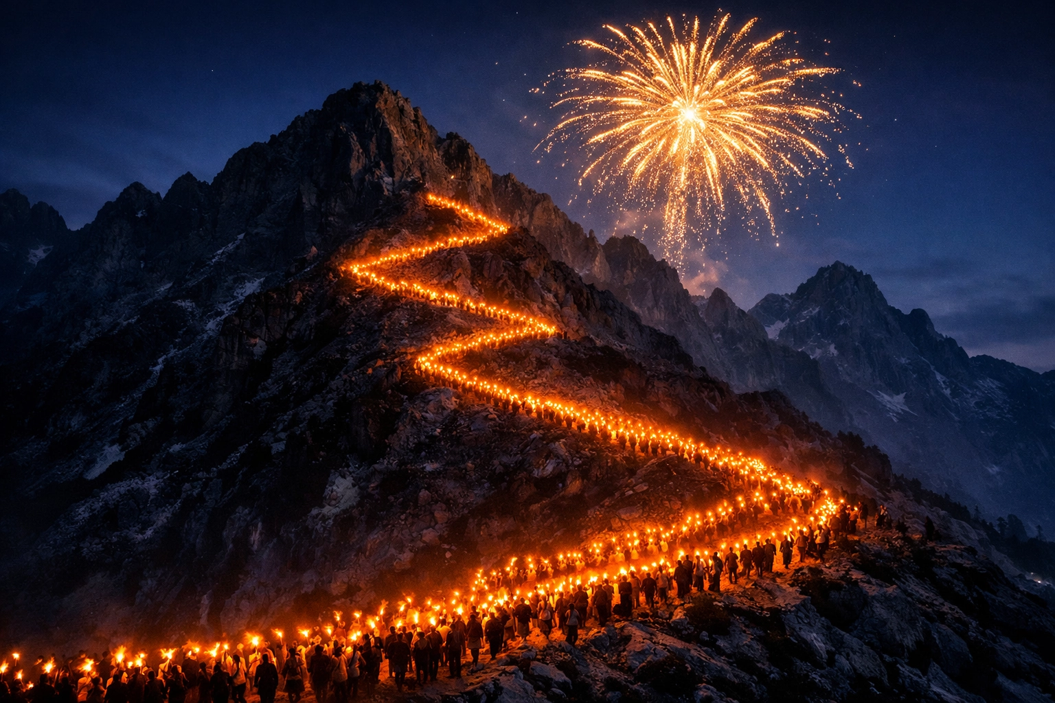 Thousands of glowing torches and fireworks lighting up a mountain in Akra for the Nowruz festival.