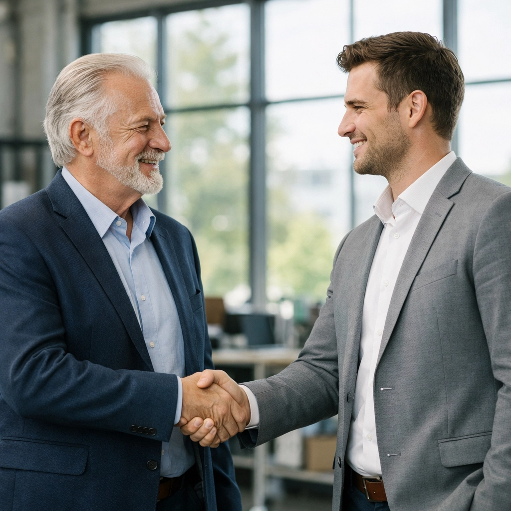A business founder and new owner shaking hands to finalize a successful business sale transition.