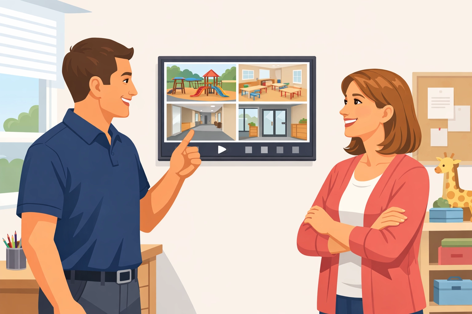 Expert technician providing CCTV training to staff at a Cardiff pre-school for easy security monitoring.