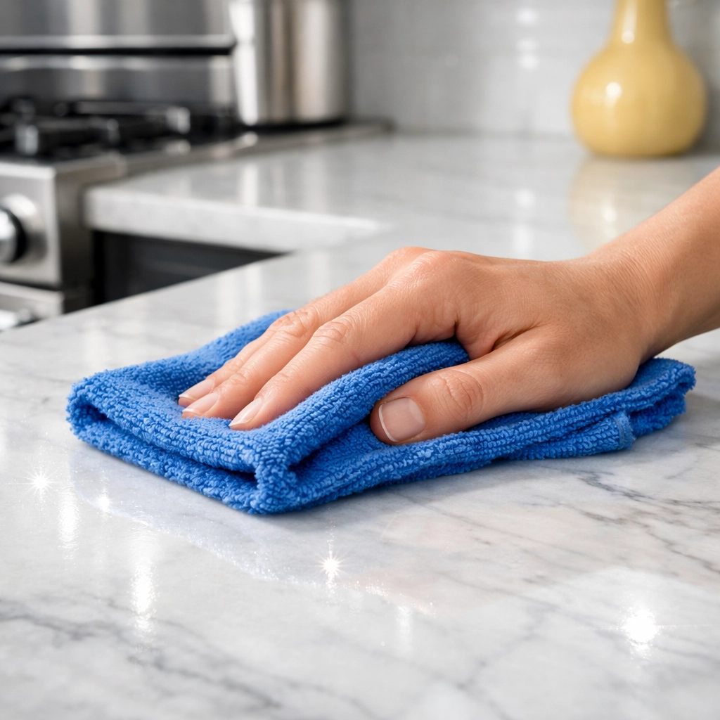 Professional cleaner wiping a white marble kitchen counter using a blue microfiber cloth in Shirley MA.