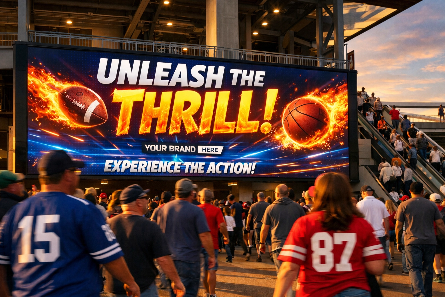 Large-format digital screen at sports venue entrance engaging Super Bowl fans