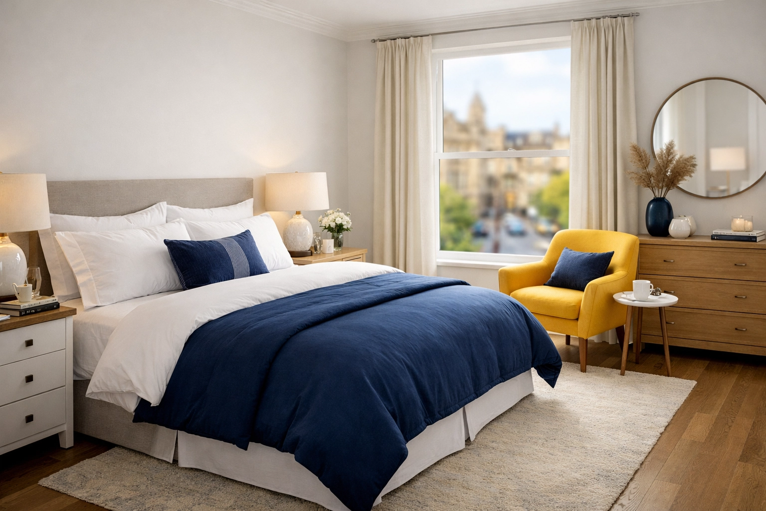 Calm and organized Cambridge bedroom sanctuary after an expert eco-friendly house cleaning in Cambridge MA.