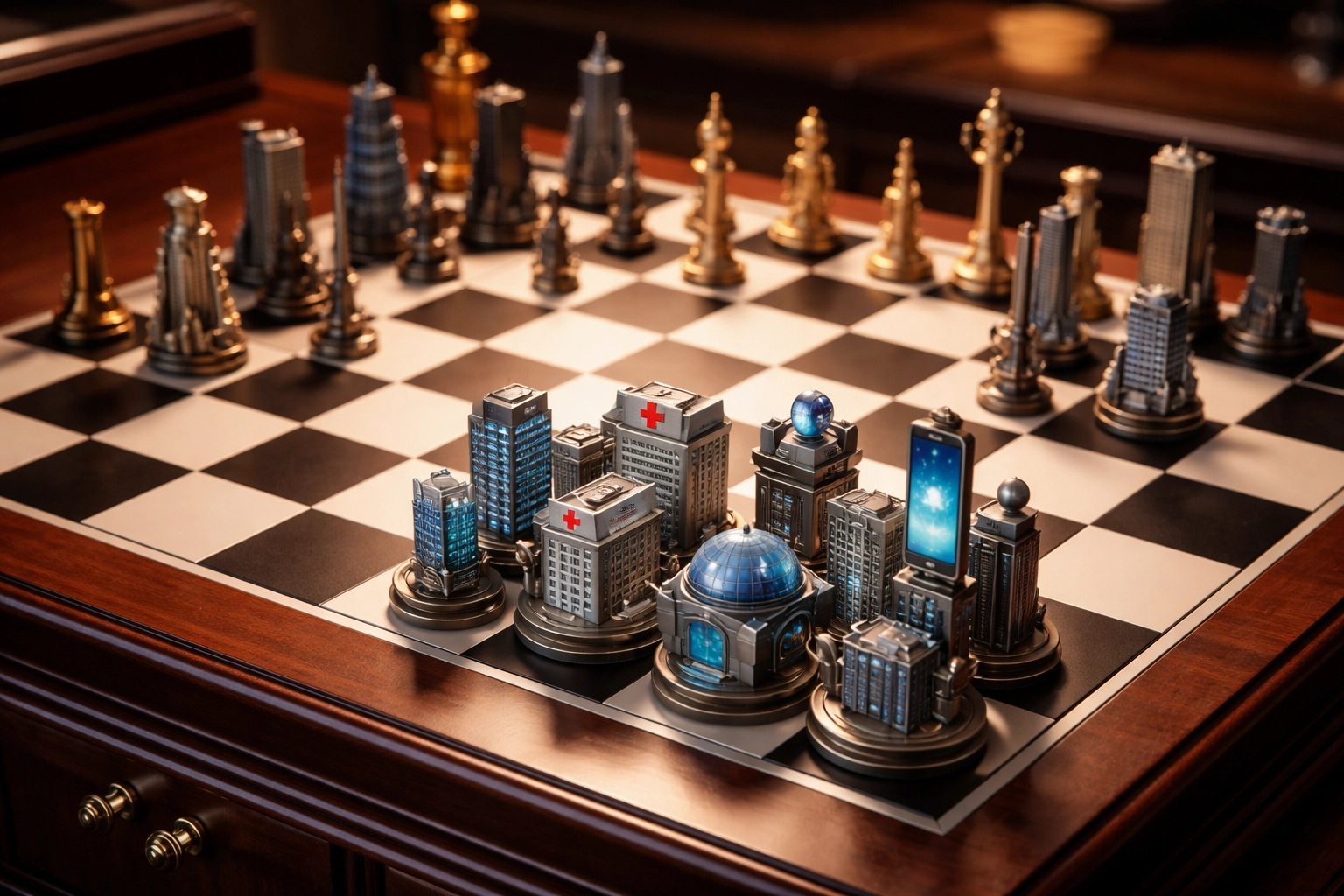 Chessboard with industry-themed pieces symbolizes specialized fund selection and portfolio strategy.
