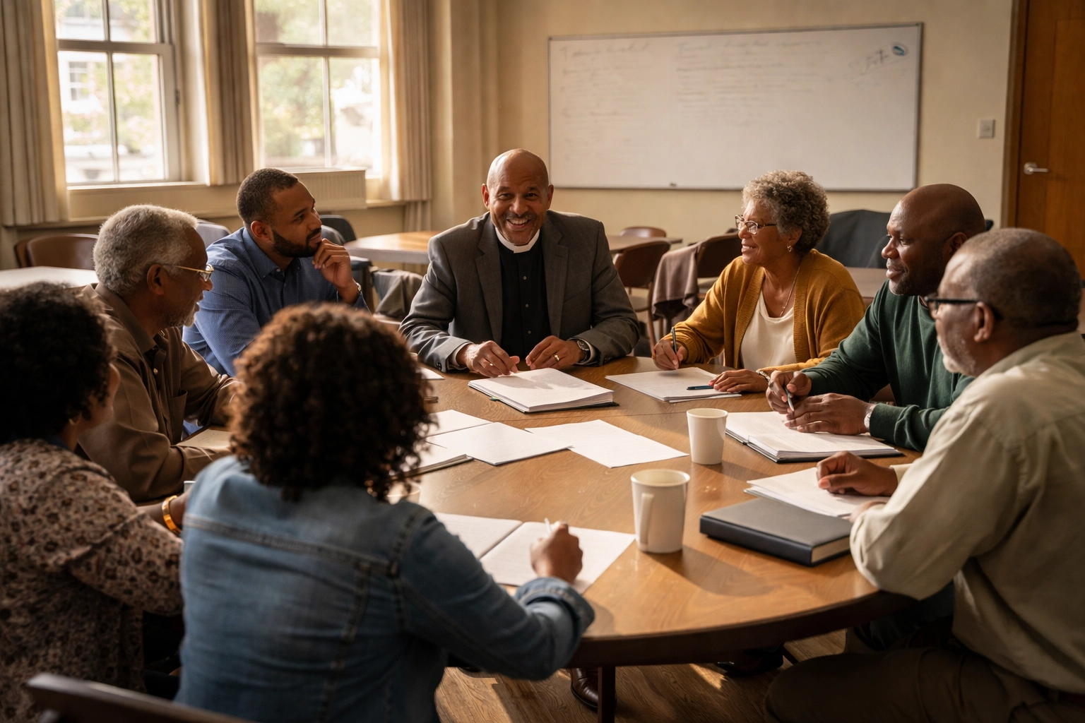 Church leaders collaborating on strategic planning for community transformation