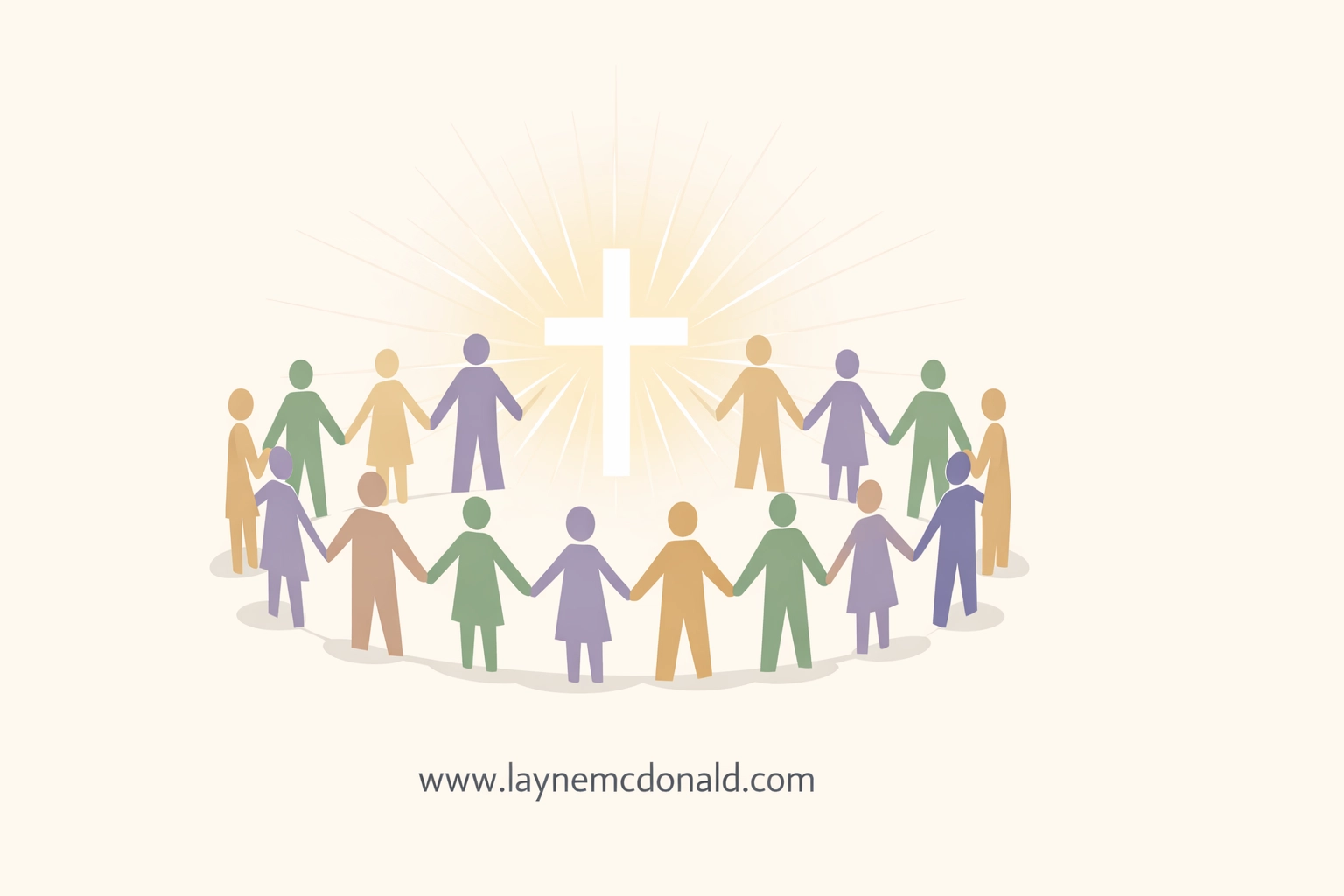 Faith community unity with diverse believers holding hands around glowing cross in circle