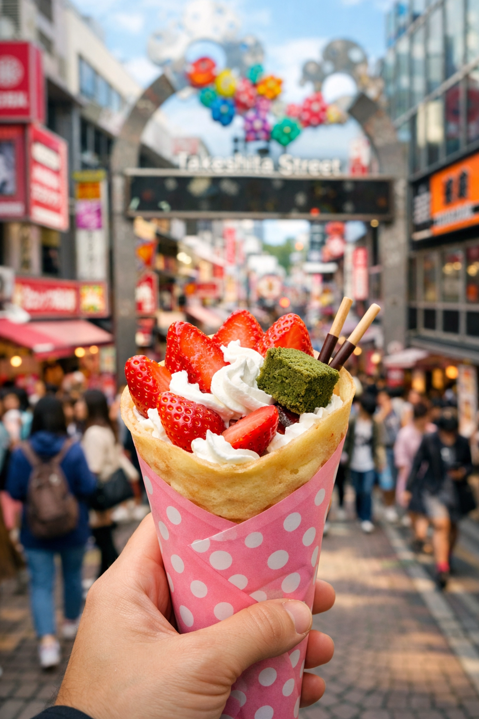 A colorful Harajuku street food crepe with strawberries and cream, capturing the vibrant food culture of Tokyo.