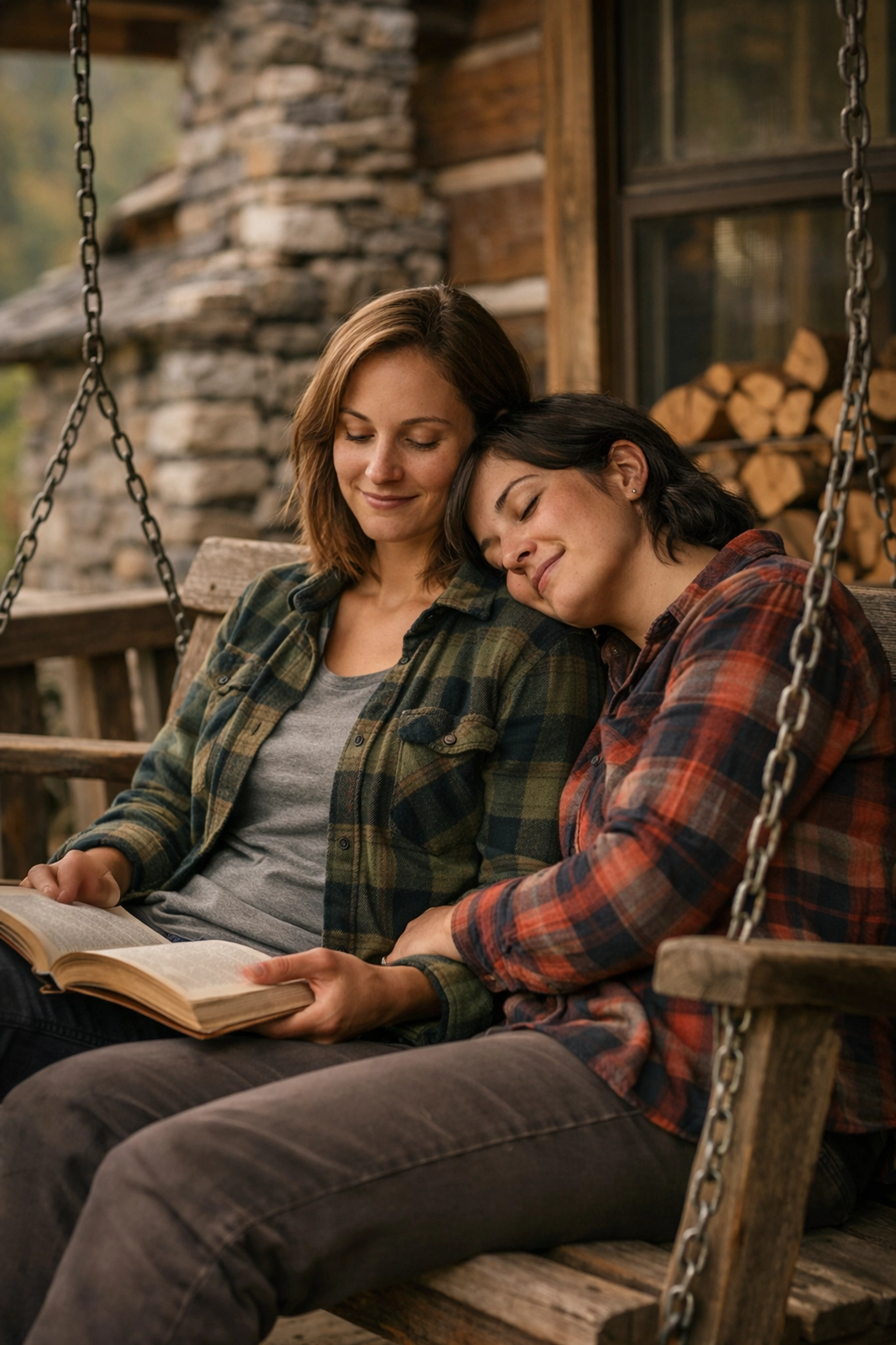 A lesbian couple in flannel shirts relaxing on a mountain porch swing, reflecting cozy rural queer life.