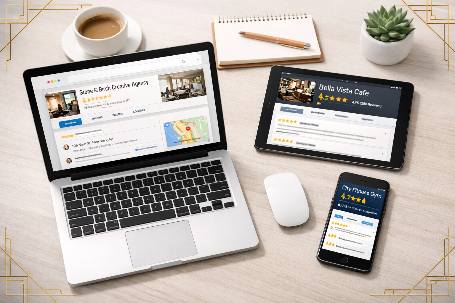Multiple devices displaying business directory listings and customer review platforms