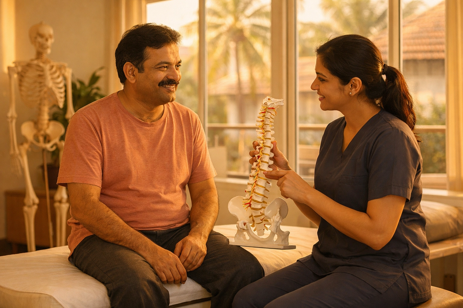 Patient discussing non-surgical back pain treatment in Kochi with a physiotherapist using a spine model.