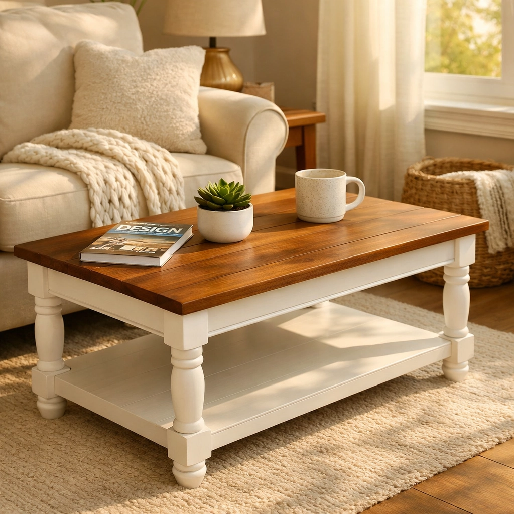 Beautifully upcycled coffee table with two-tone finish in cozy living room