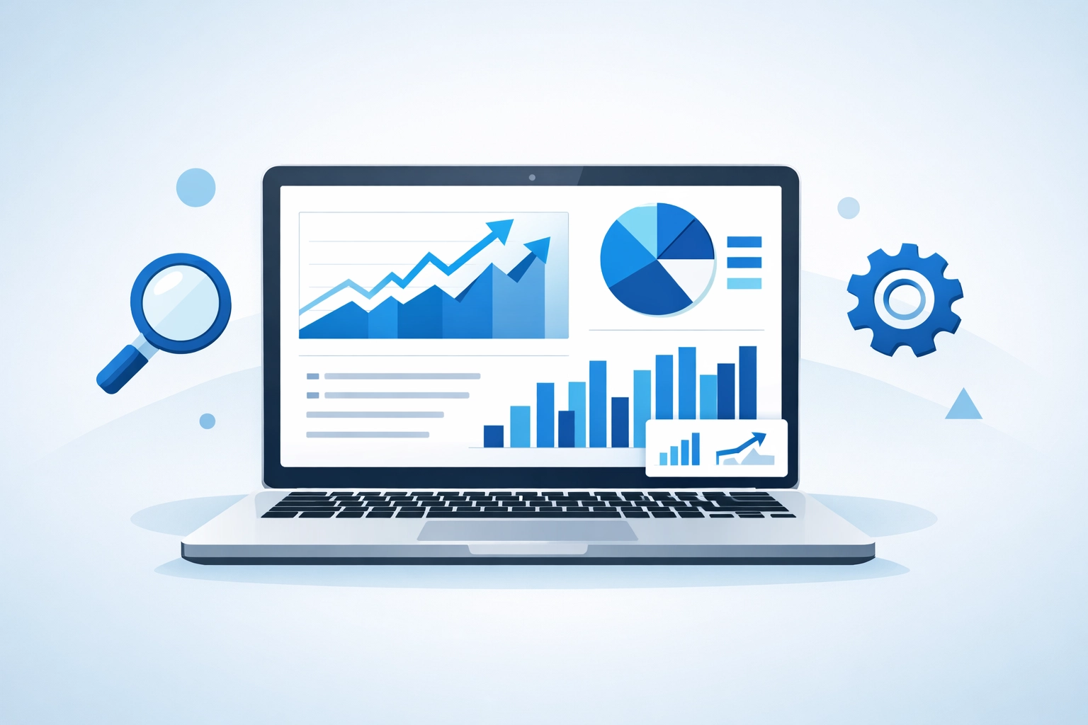 Laptop displaying SEO analytics dashboard with graphs showing website performance data