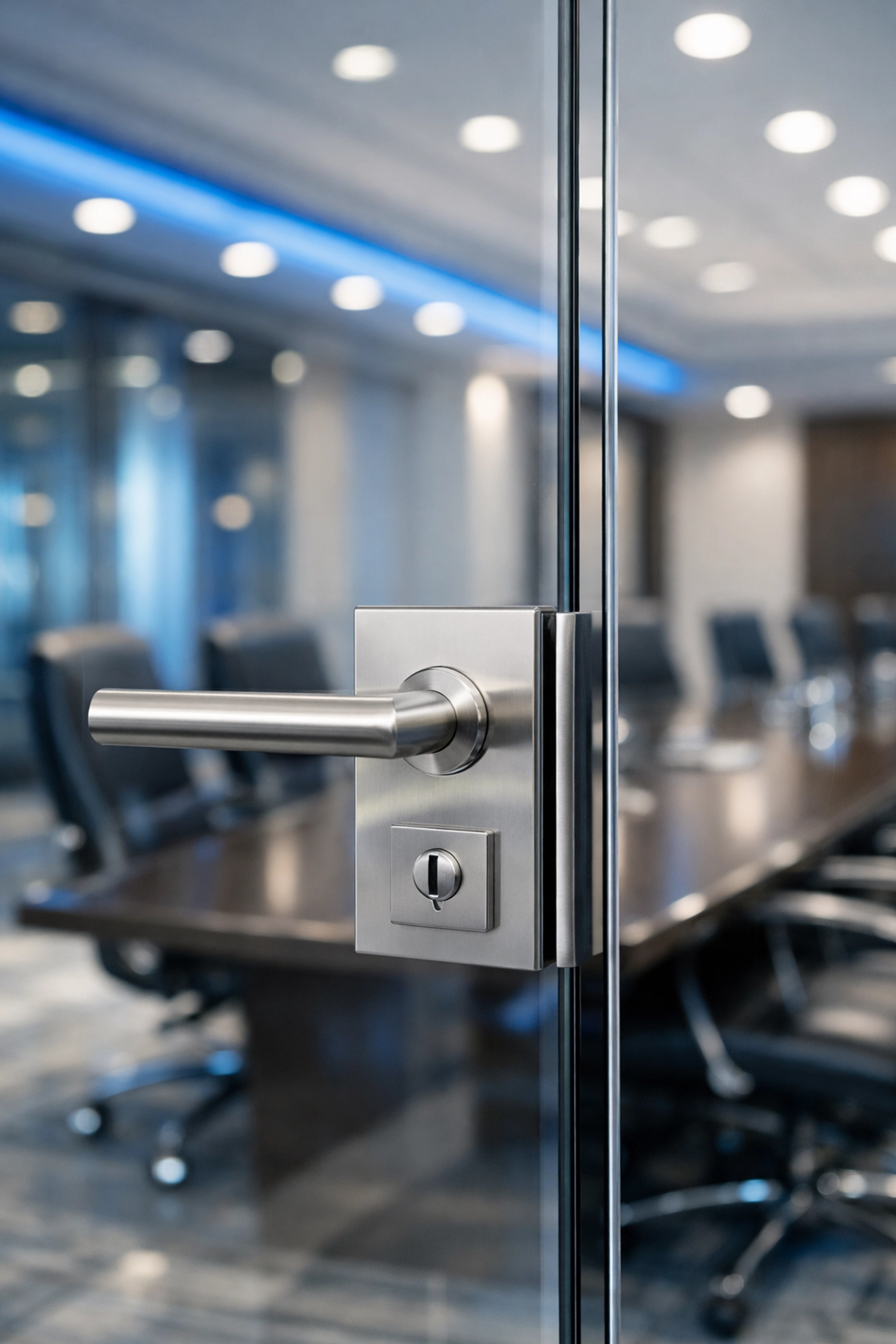Streak-free glass conference room doors highlighting detailed commercial office cleaning precision.