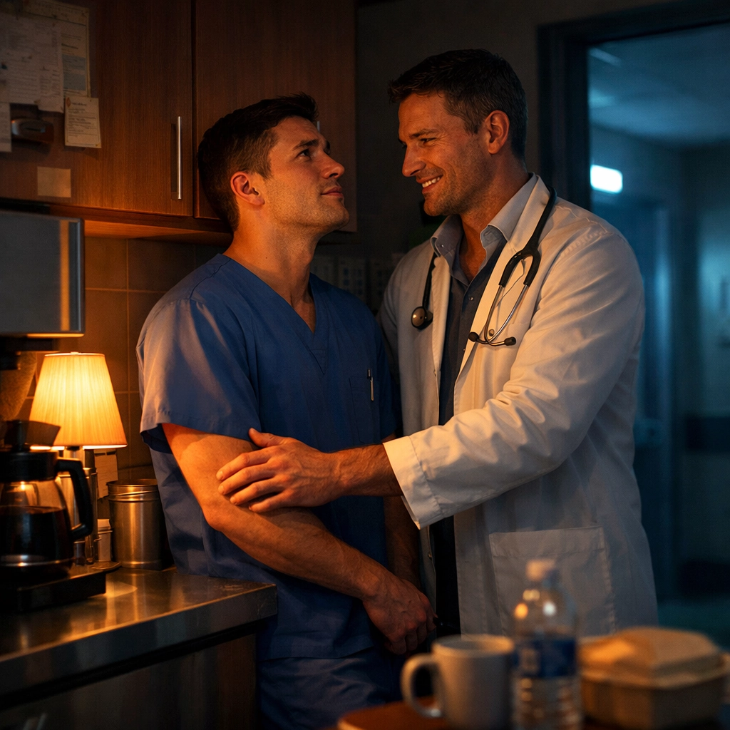 Nurse and doctor sharing a romantic confession during a gay workplace romance moment in the clinic.