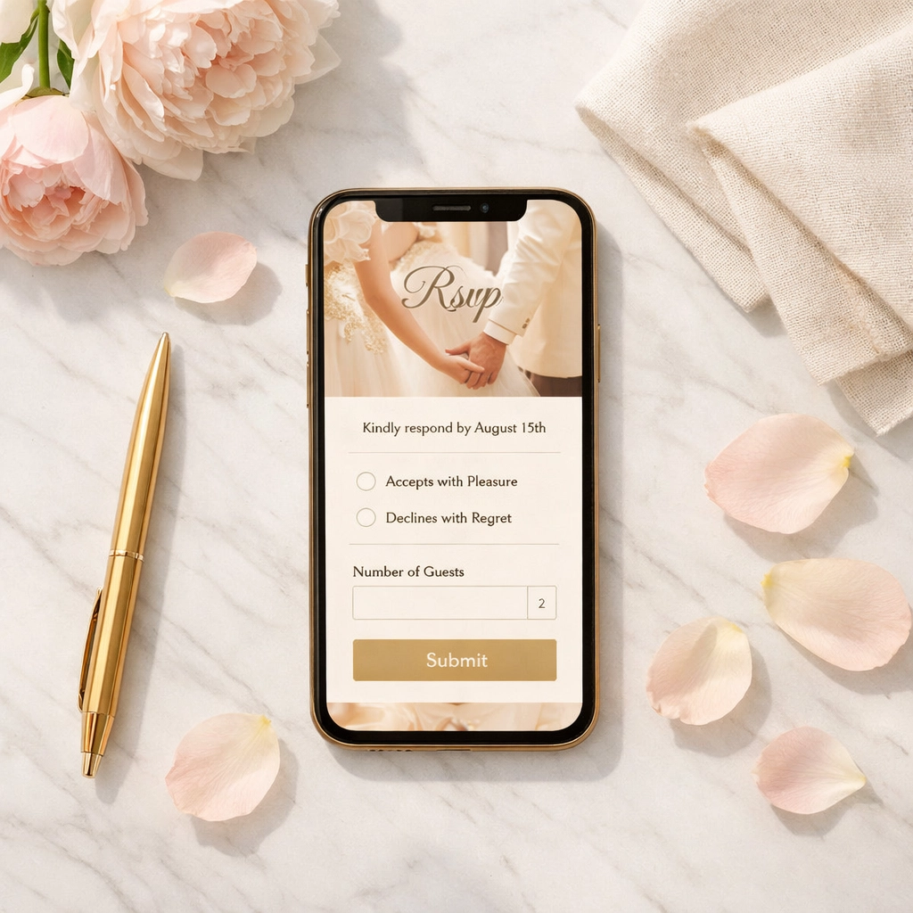 Smartphone displaying online wedding RSVP interface surrounded by elegant wedding details
