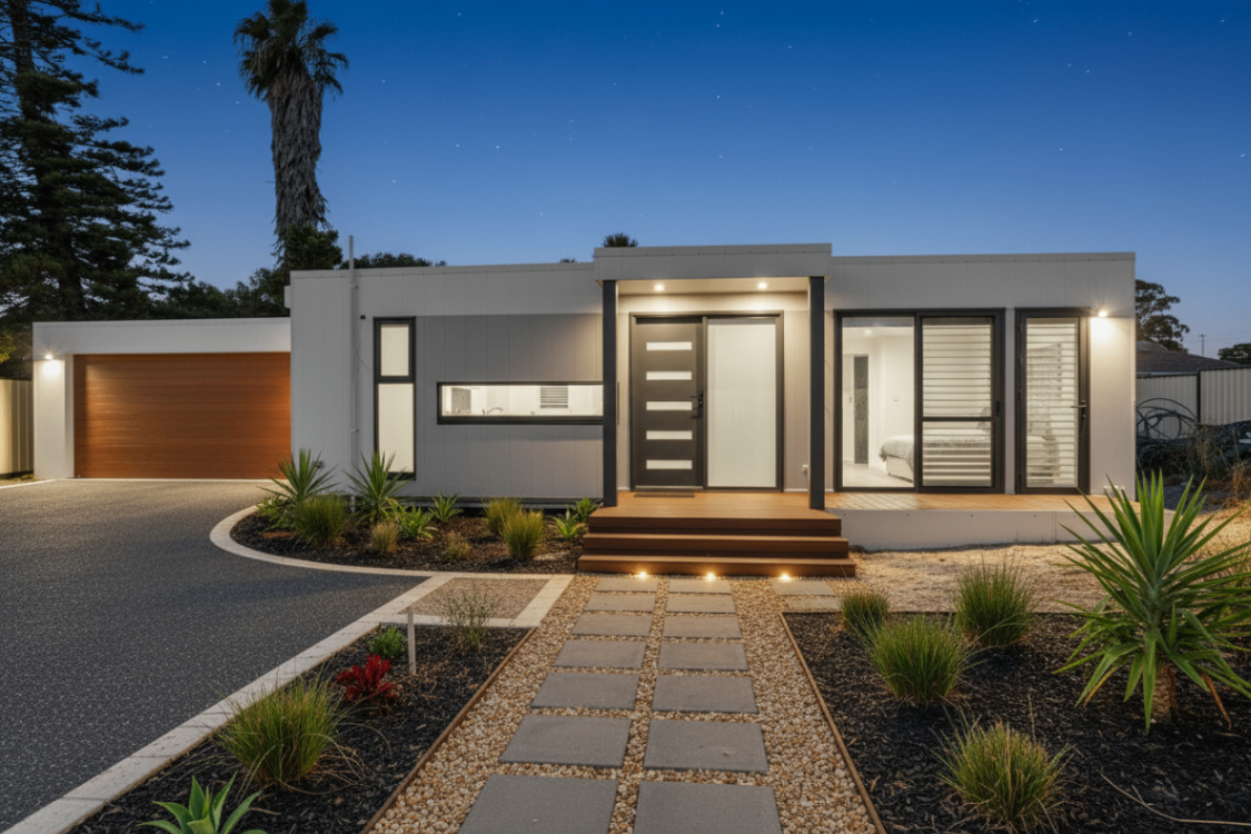 Premium two-bedroom modular home with full-height windows and timber deck