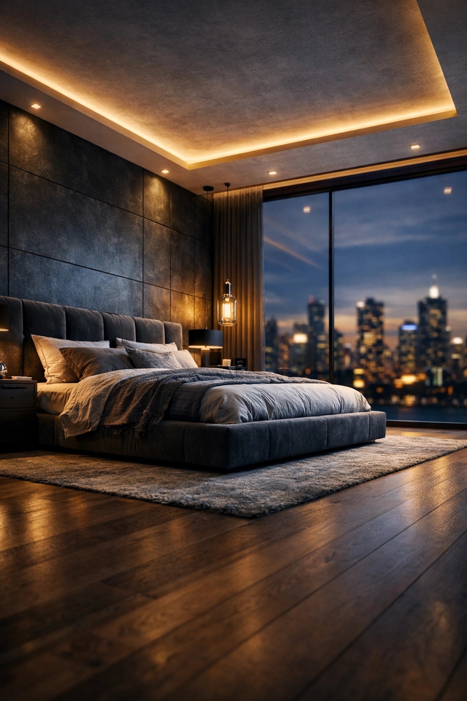 High-end industrial bedroom design with professional lighting and city skyline view.