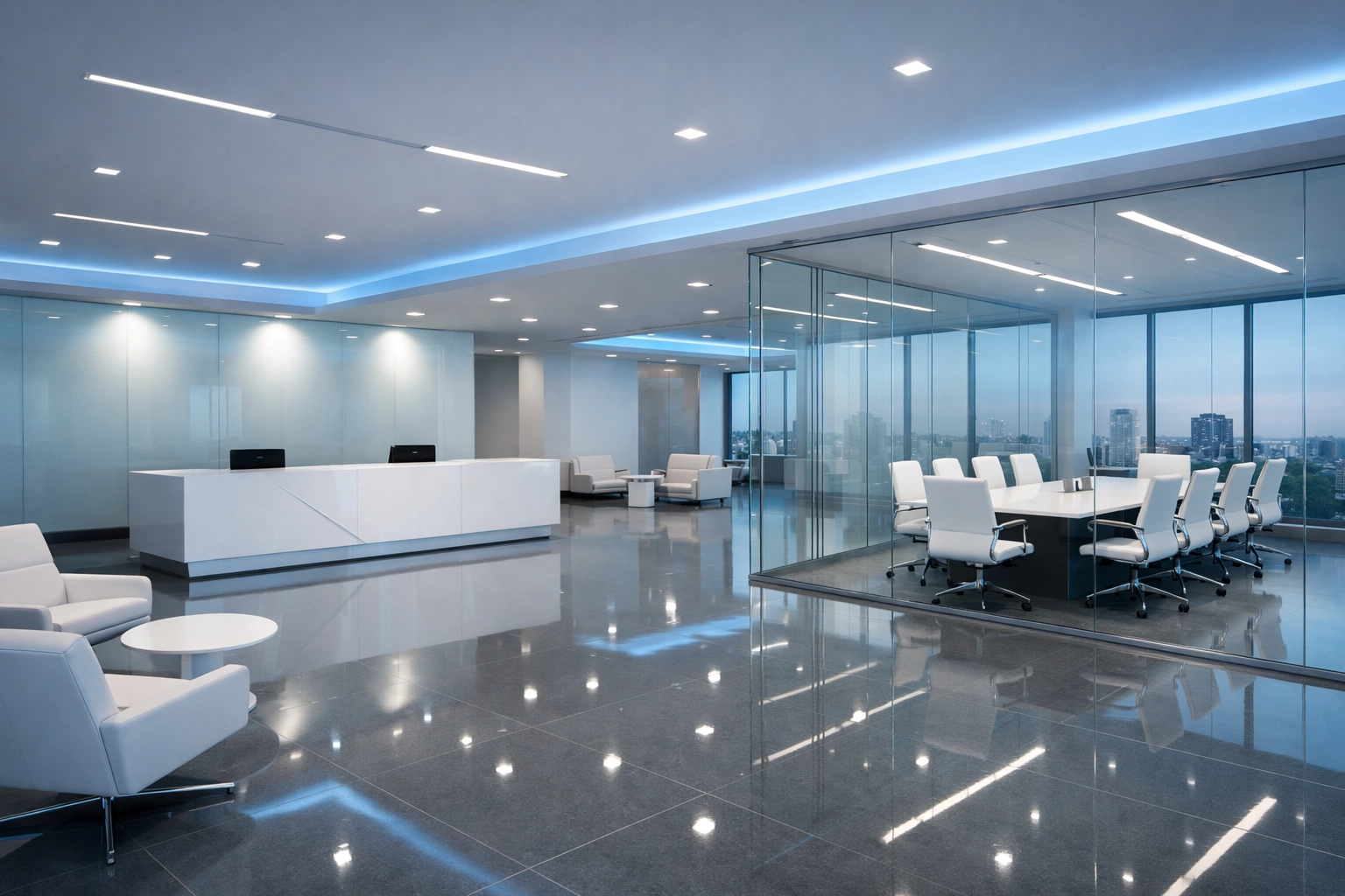 Pristine corporate office lobby in Wellesley Square showing professional commercial cleaning results.