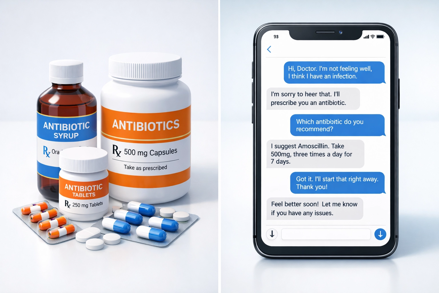 UTI antibiotics and smartphone displaying text conversation with online doctor