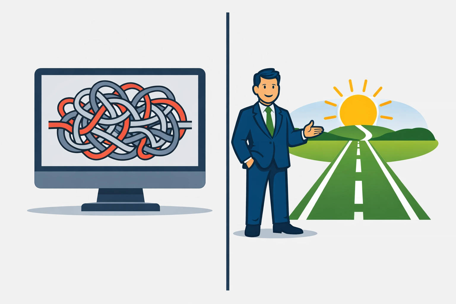 Illustration comparing a complex DIY software maze to the clear path of a concierge tax pro for better refunds.