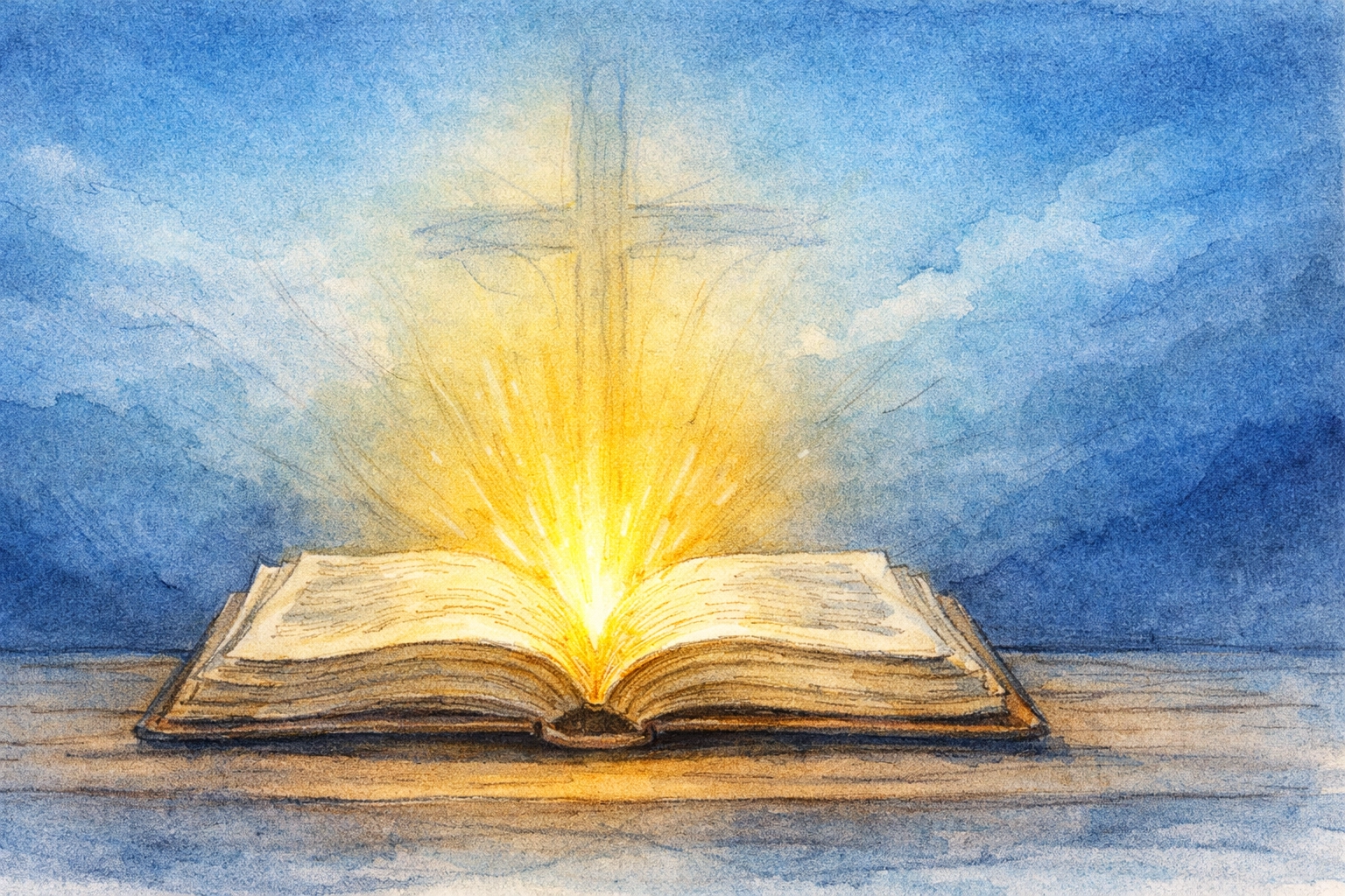 Watercolor illustration of an open Bible with golden light symbolizing divine healing scripture.