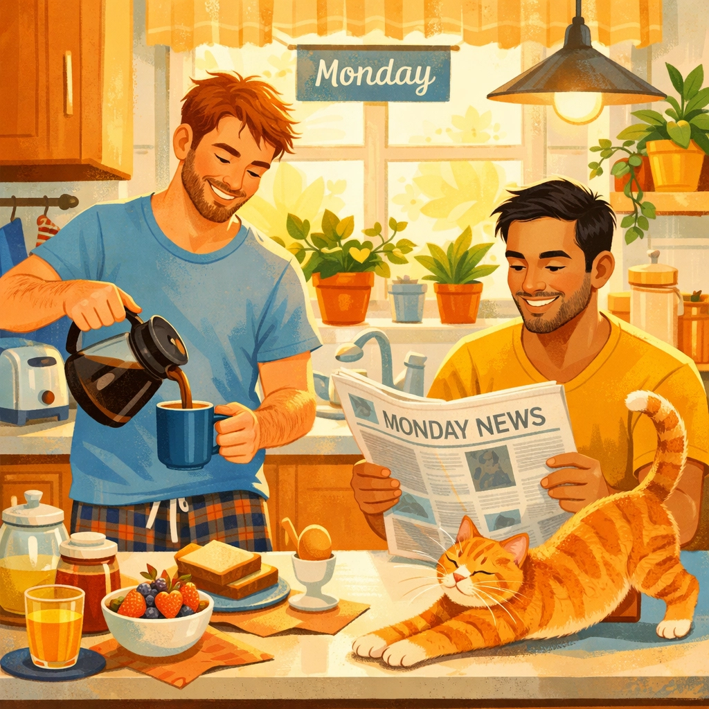 Gay couple sharing morning coffee in kitchen showing everyday love and domestic happiness