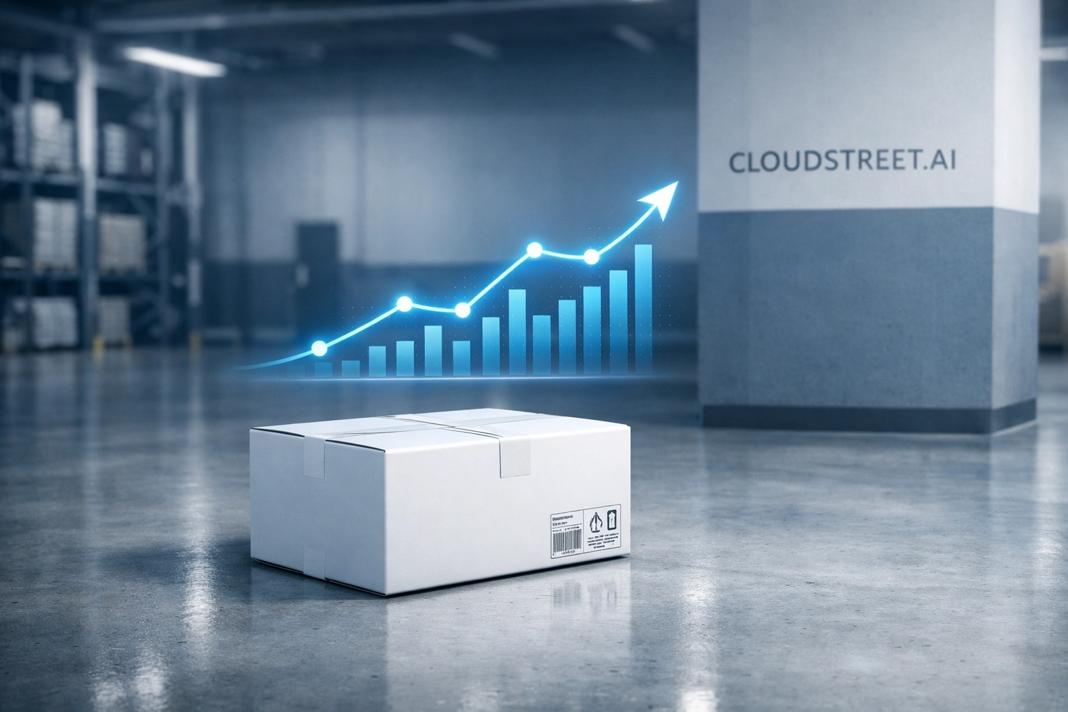 A shipping parcel in a modern warehouse with a rising growth chart representing Salesforce OMS ROI.