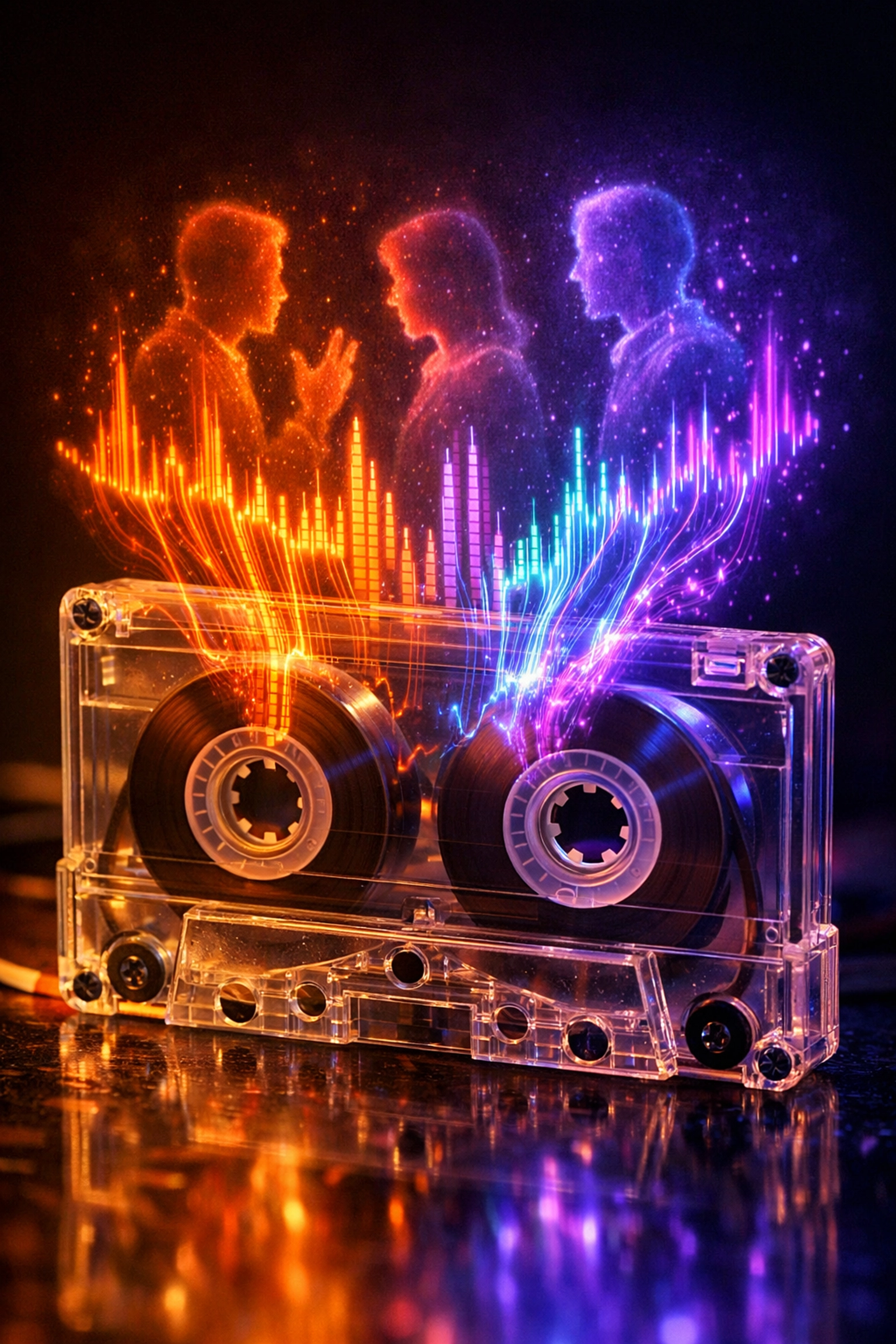 AI transcribing a vintage cassette tape into digital text with speaker identification waveforms.