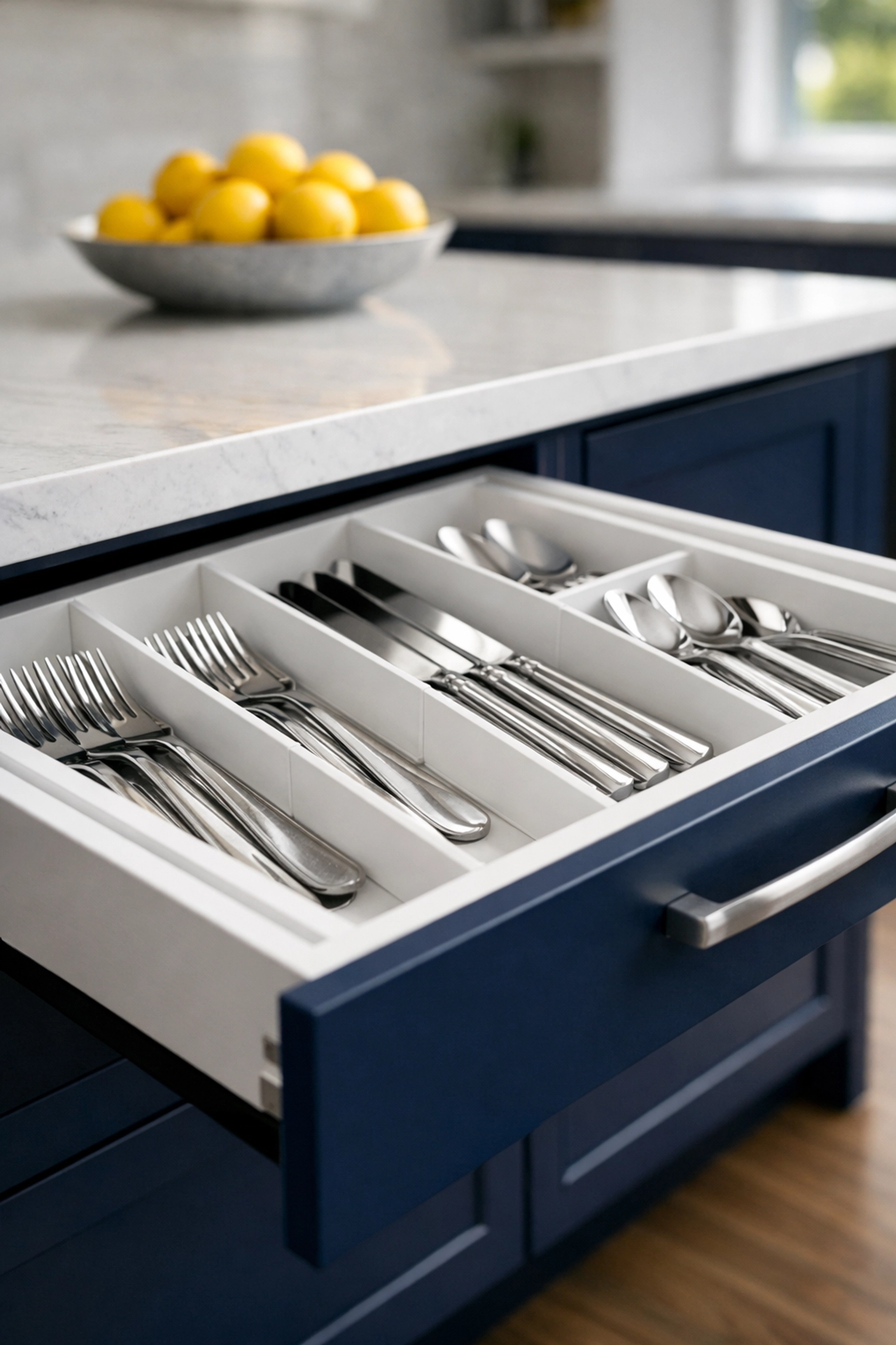 Neatly arranged silverware in an expandable cutlery tray inside a clean kitchen drawer.