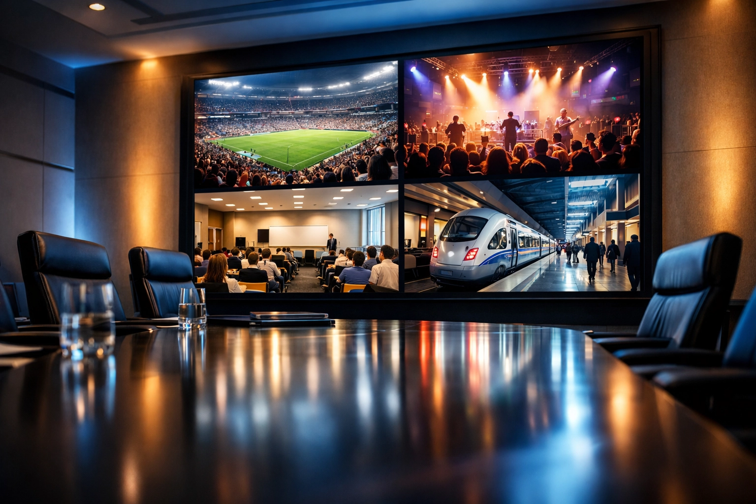 Multi-company operations display showing integrated sports, entertainment, and education sectors