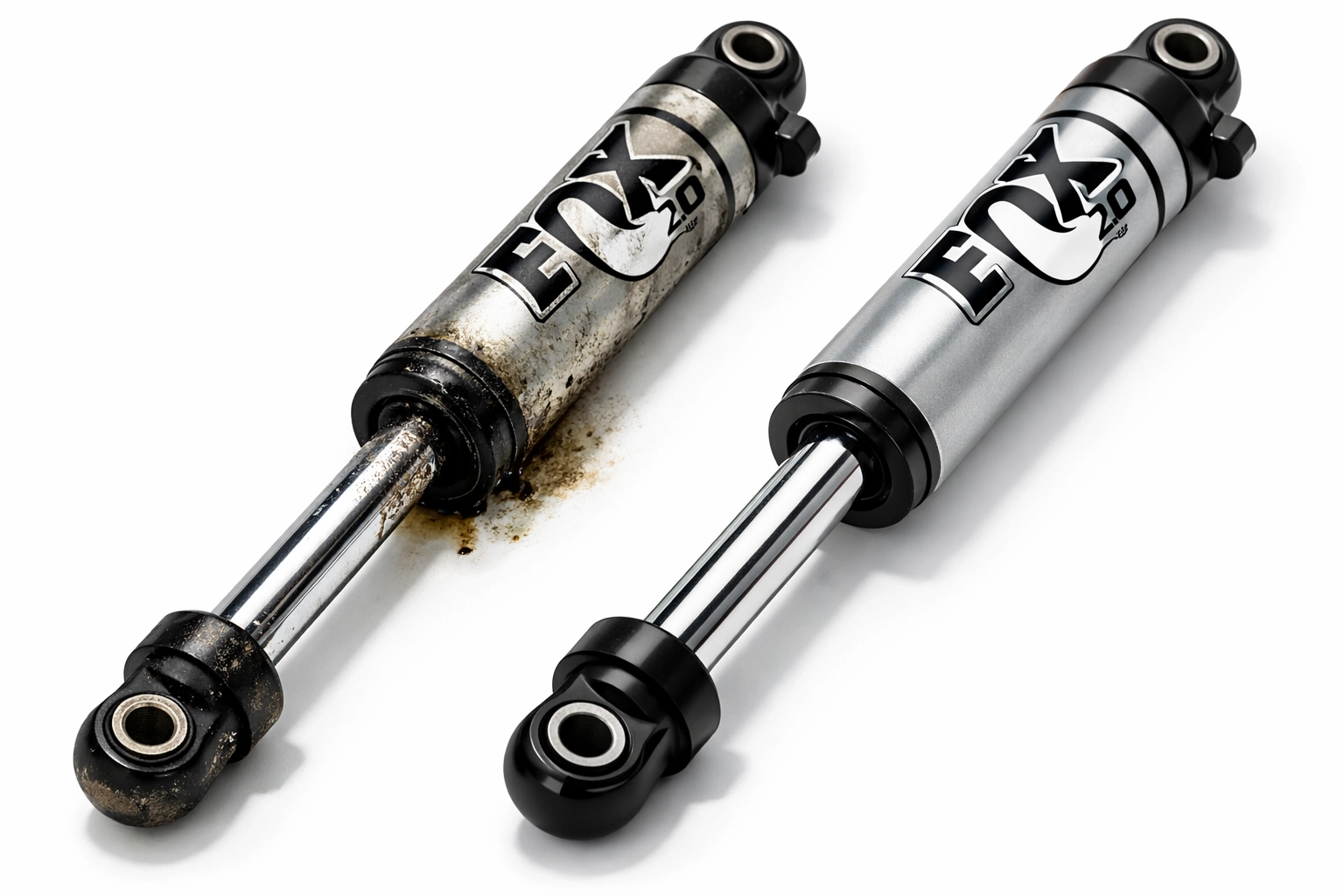 Comparison of worn FOX shock with oil seepage next to freshly rebuilt shock with clean seals