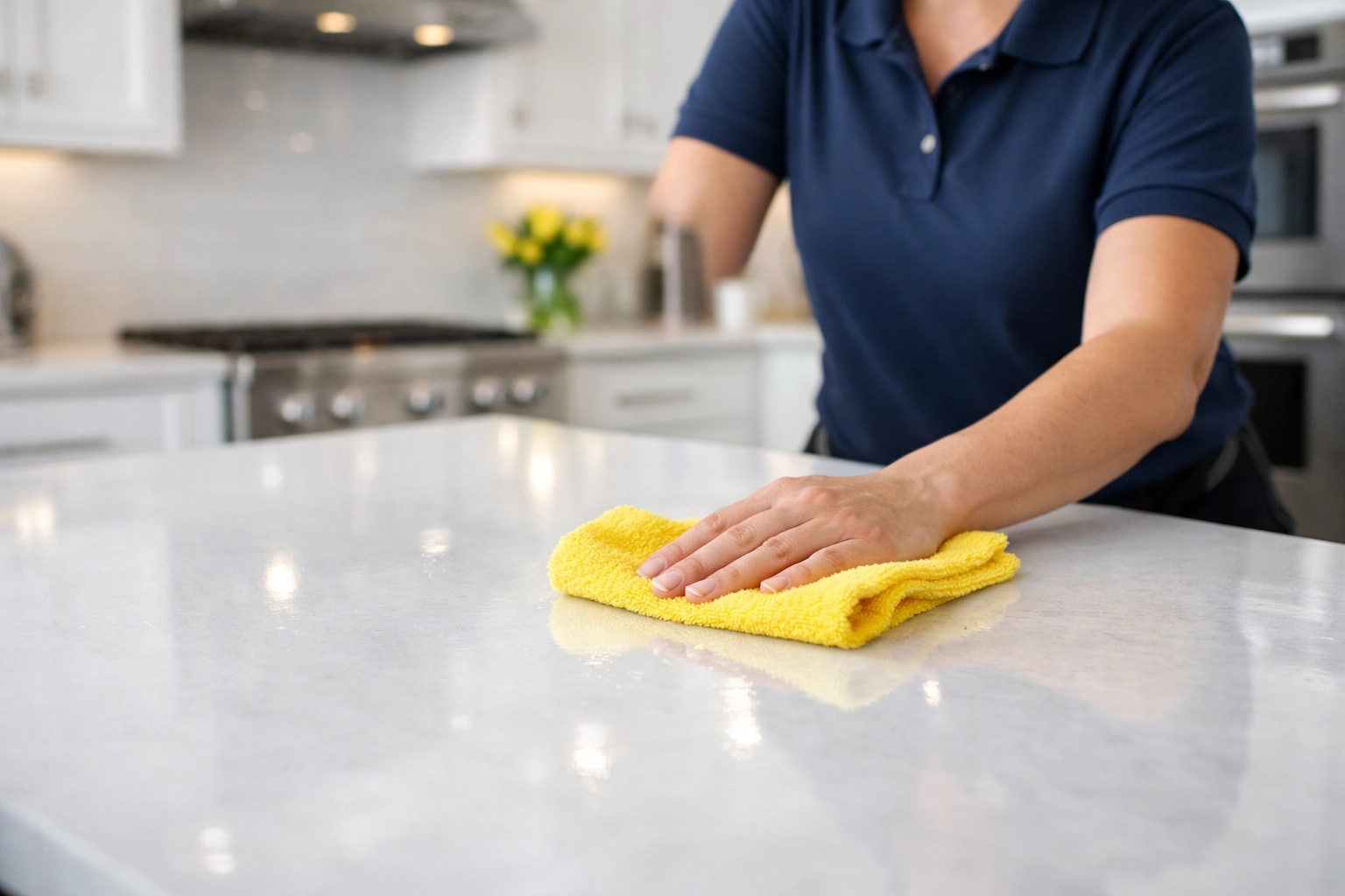 Professional cleaner sanitizing a kitchen counter for House Cleaning Pepperell MA.