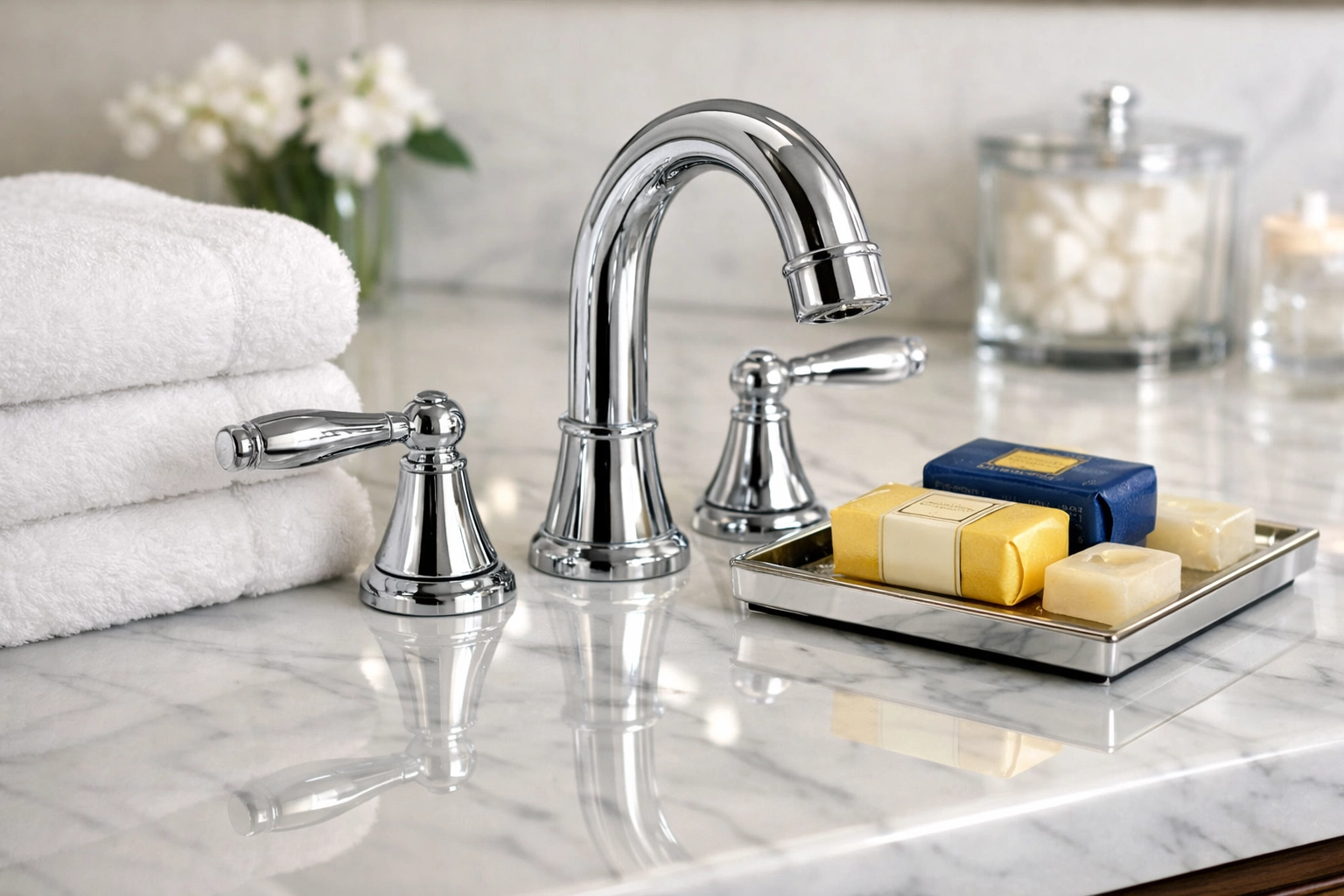 Deep cleaned luxury bathroom vanity in Bedford, MA, reflecting the high standards of MetroWest cleaning services.
