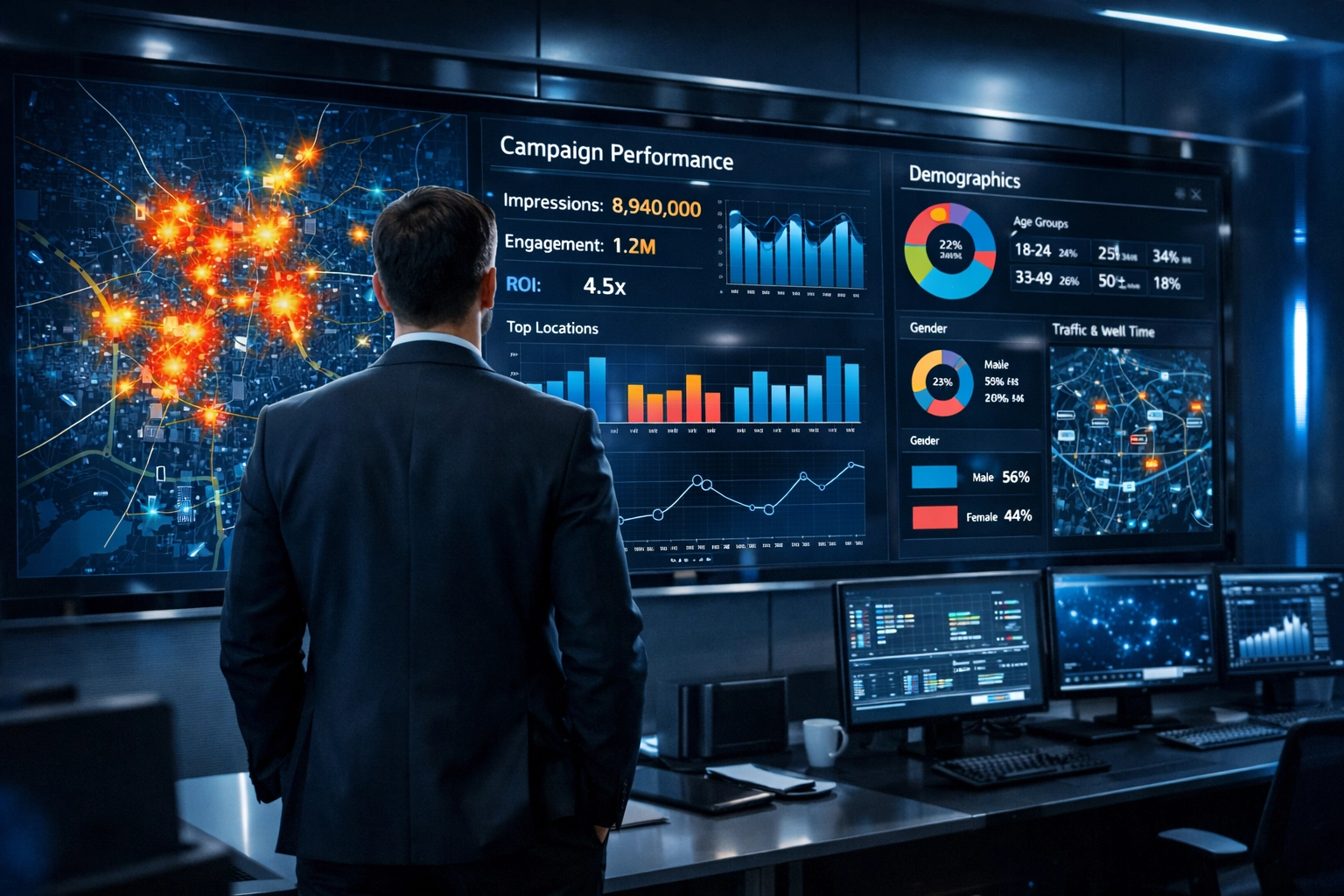 Advanced data analytics dashboard tracking the performance of a strategic outdoor advertising portfolio.