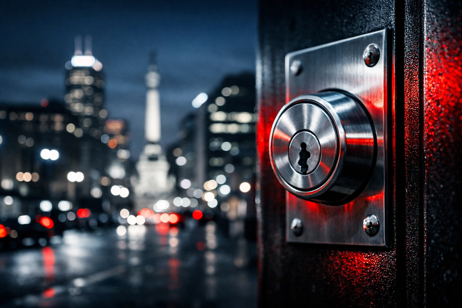 High-security commercial door lock cylinder with the Indianapolis city skyline blurred in the background.