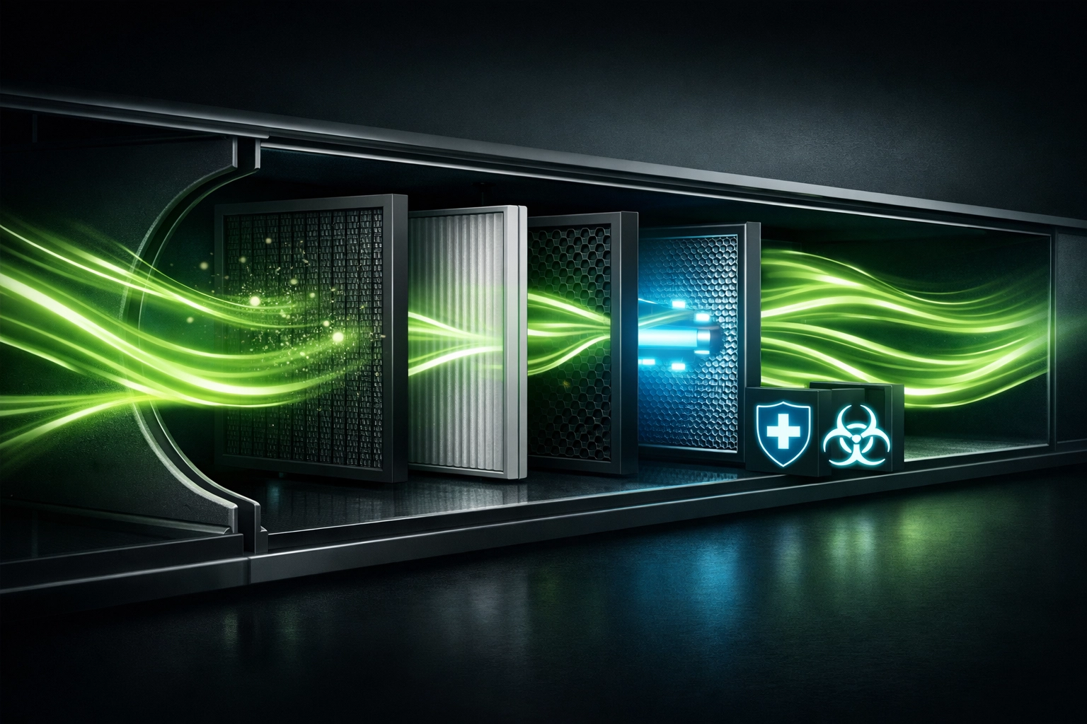 Visual of advanced air filtration and ventilation systems for high indoor air quality.