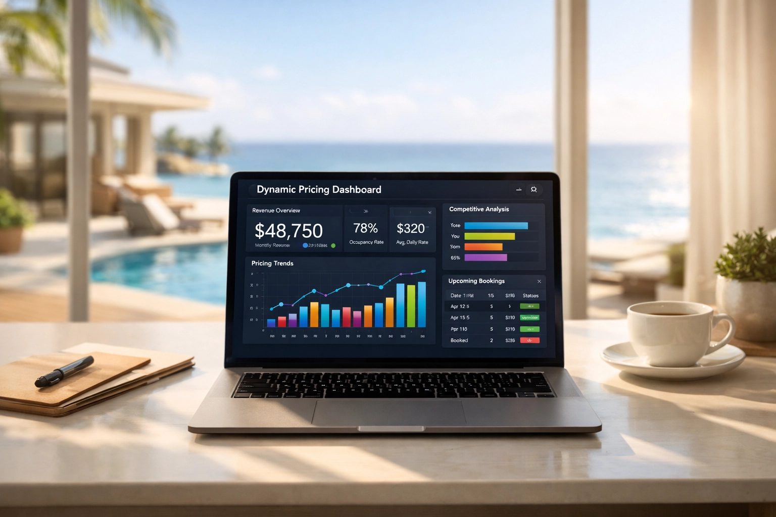 Dynamic pricing dashboard for luxury vacation rental revenue management with ocean view