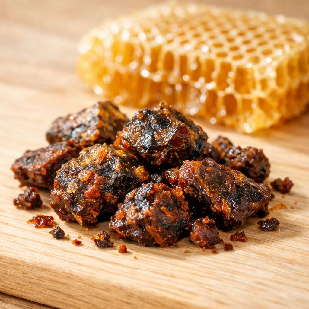 عكبر النحل الخام مع قرص عسل طبيعي يبرز جودة المنتجات الطبيعية المغربية الأصيلة