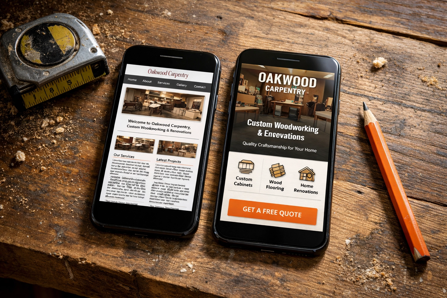 Comparison of a mobile-squished website versus a responsive design on smartphones in a carpentry workshop.