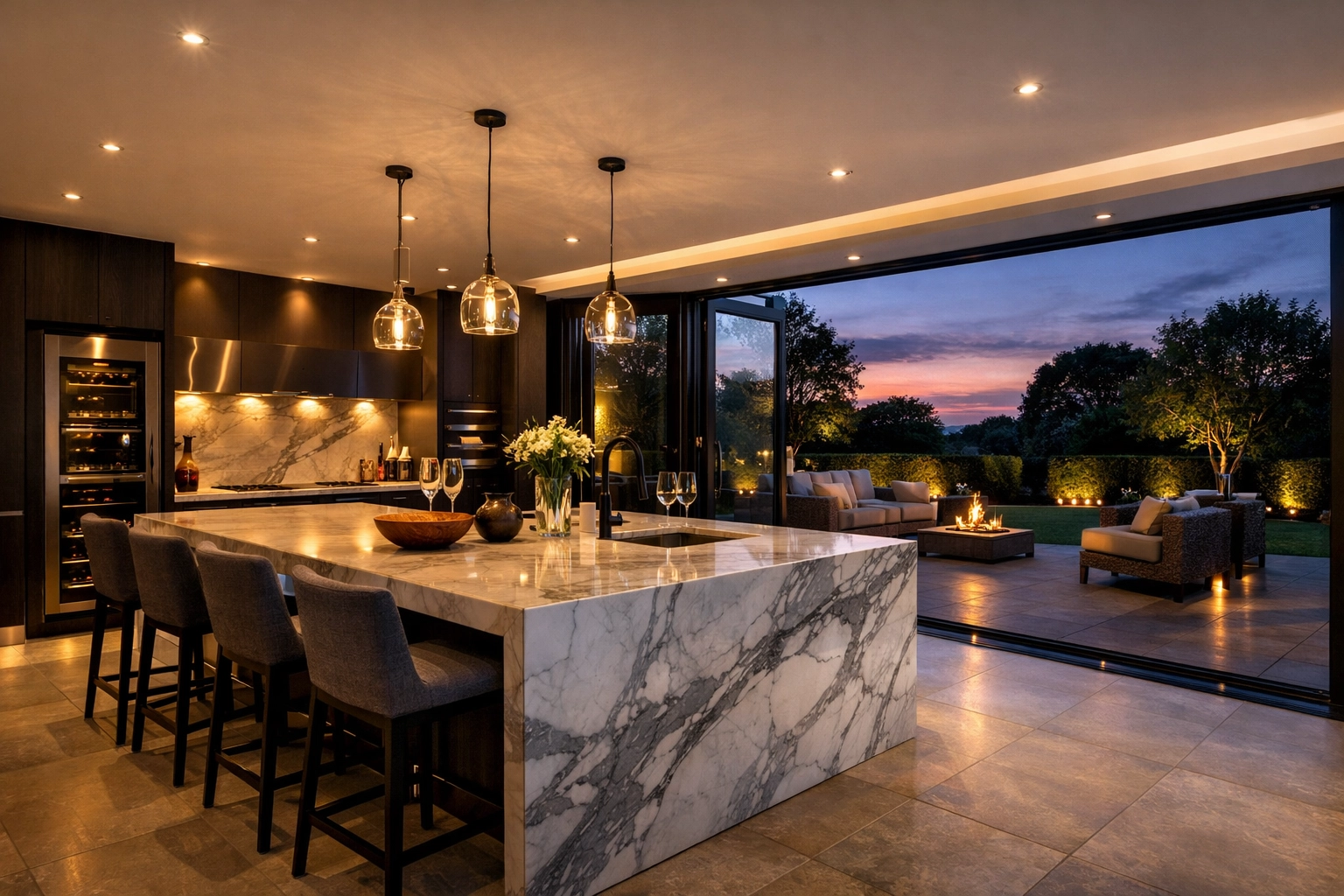 Modern home extension in West Sussex featuring an open-plan kitchen and glass bi-fold doors.