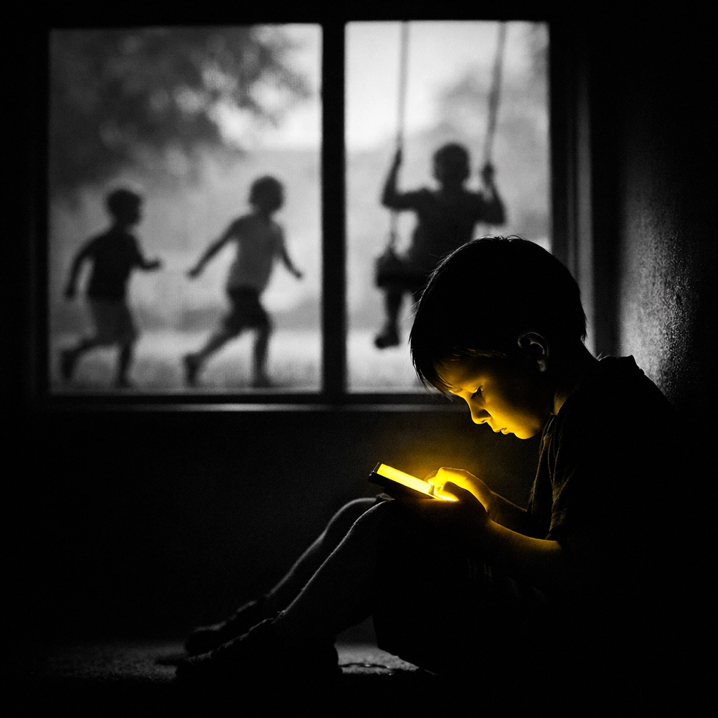 Child isolated with glowing device while other children play outside depicting screen time impact