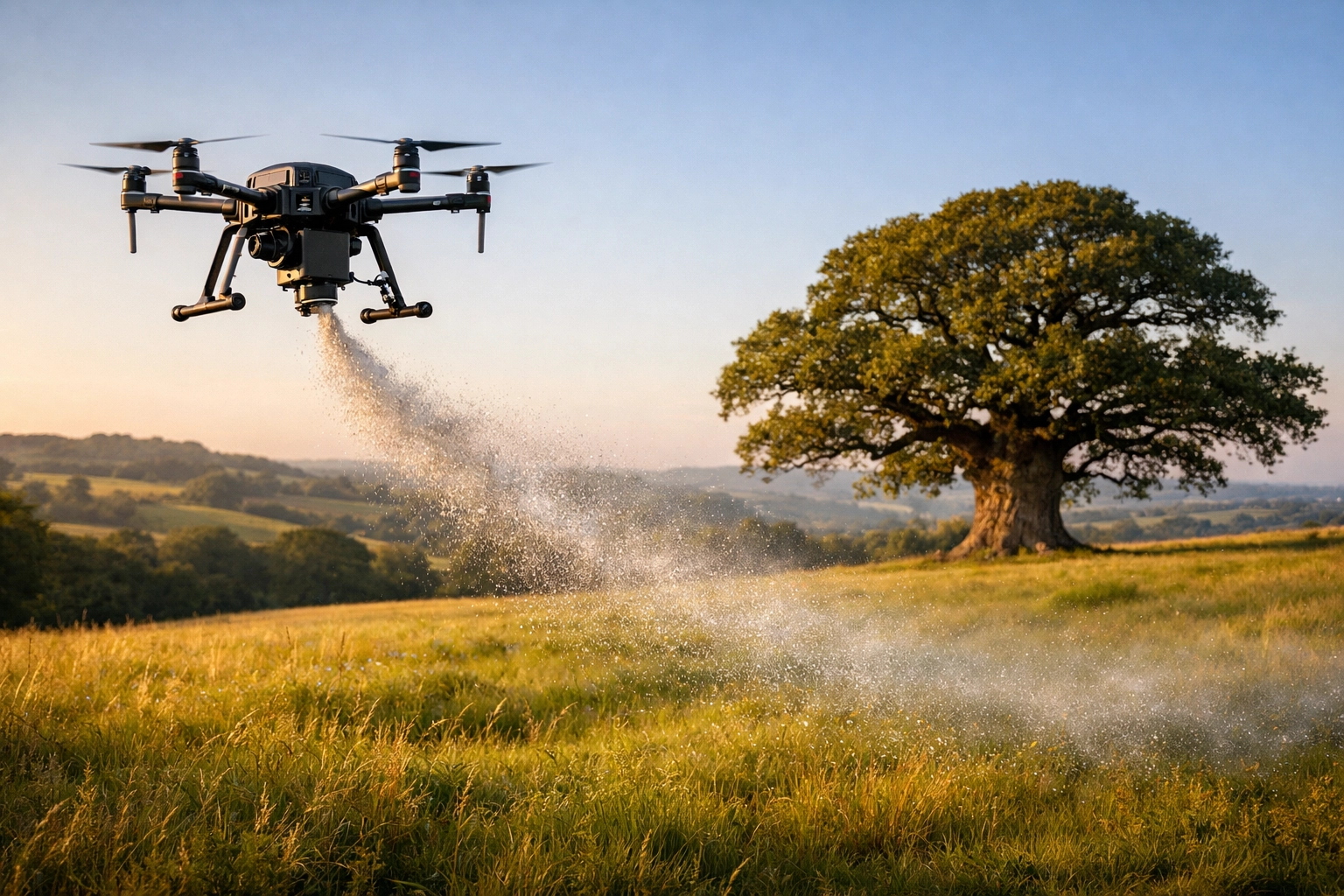 Peaceful drone pet ashes scattering over a scenic UK meadow with an ancient oak tree.